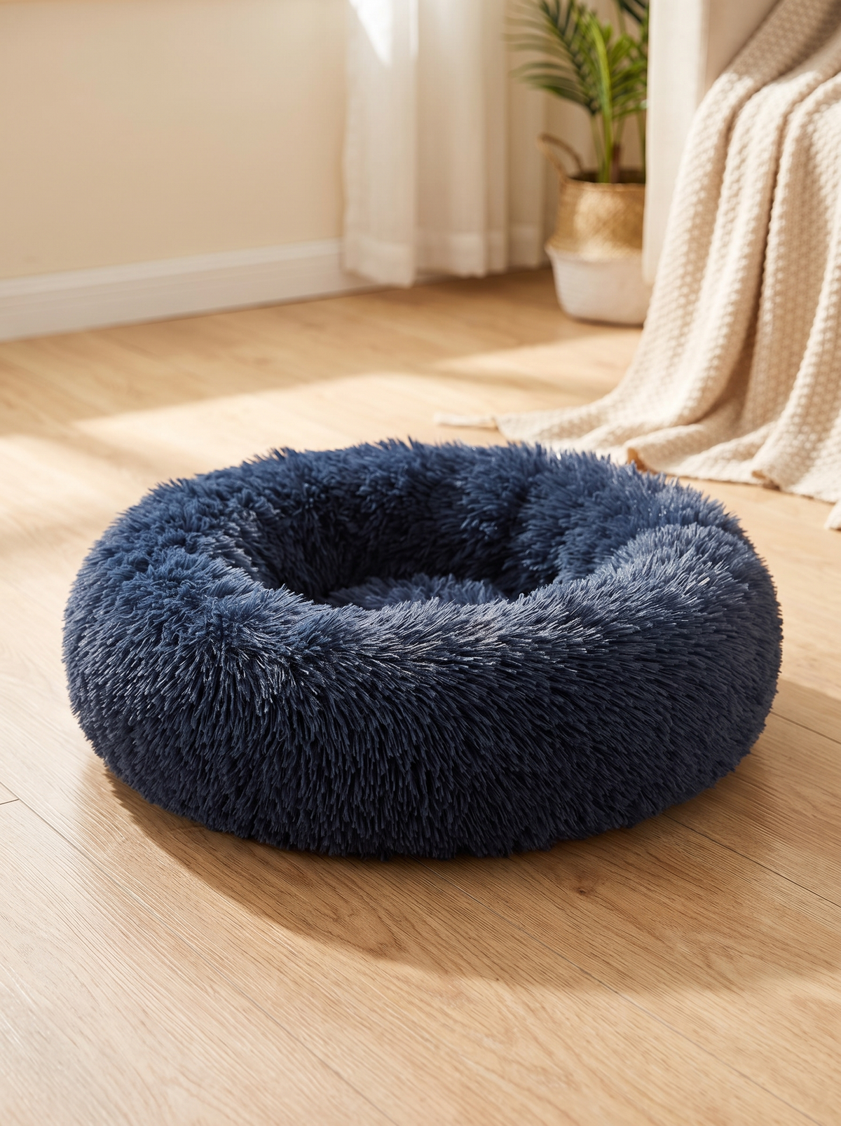 The raised bolster rim of the Leila donut dog bed in natural window light