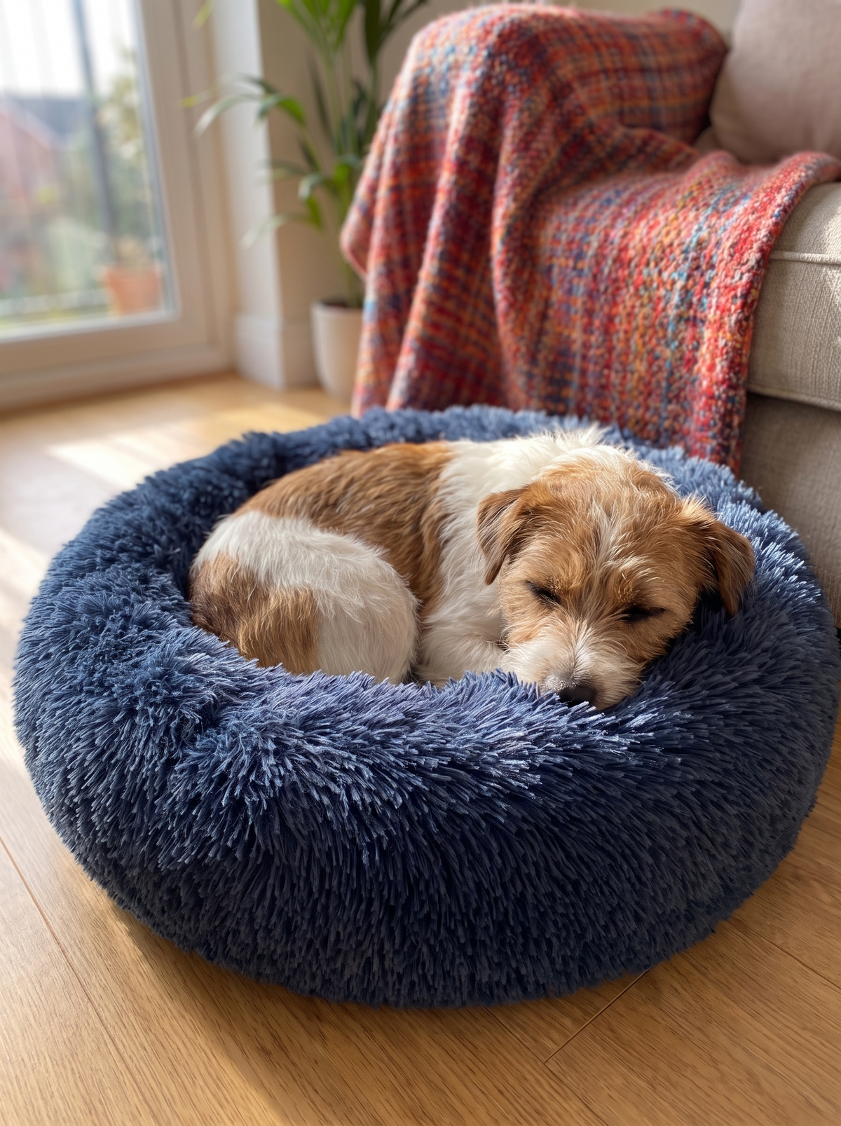 A small dog curled up asleep in the Leila donut dog bed