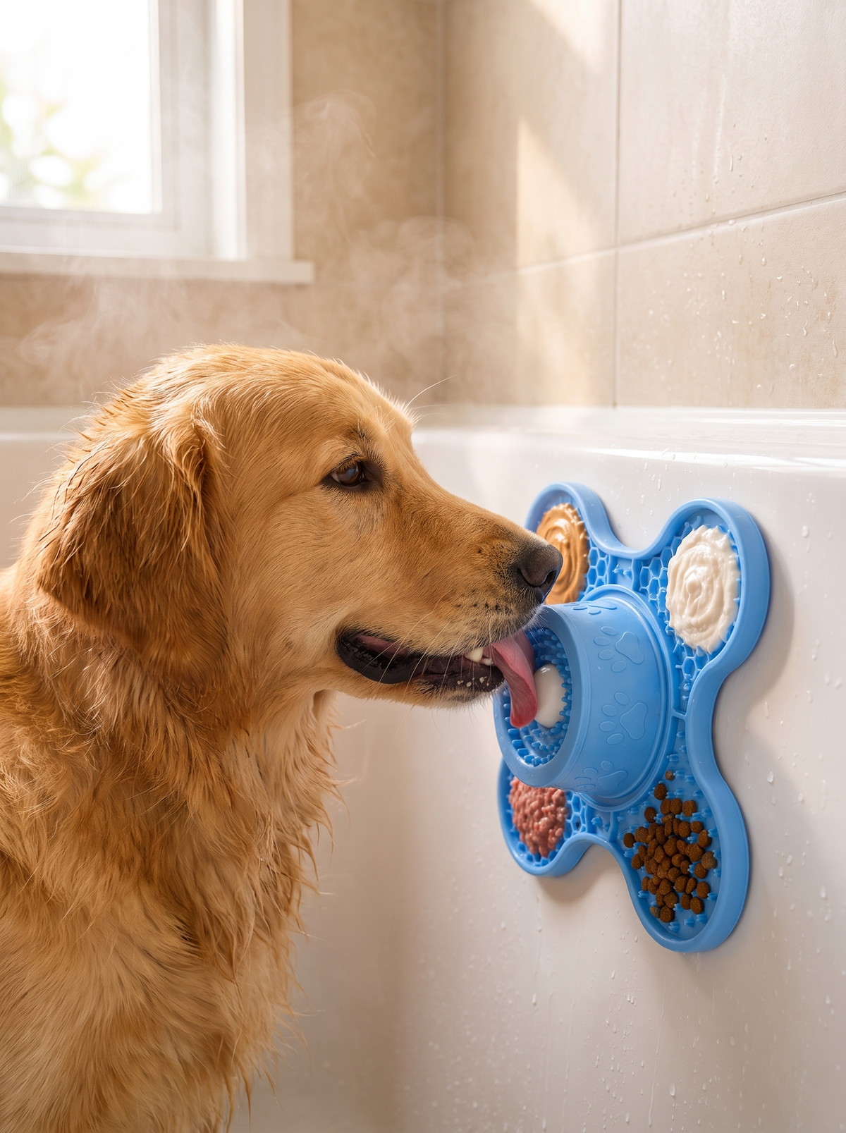 Dog licking the lick mat during bath time