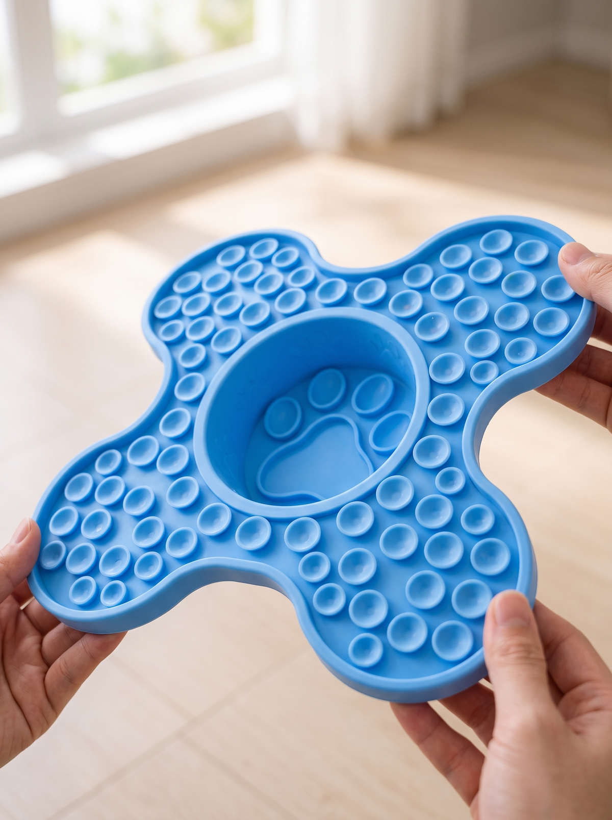 Underside of the lick mat showing the suction cups