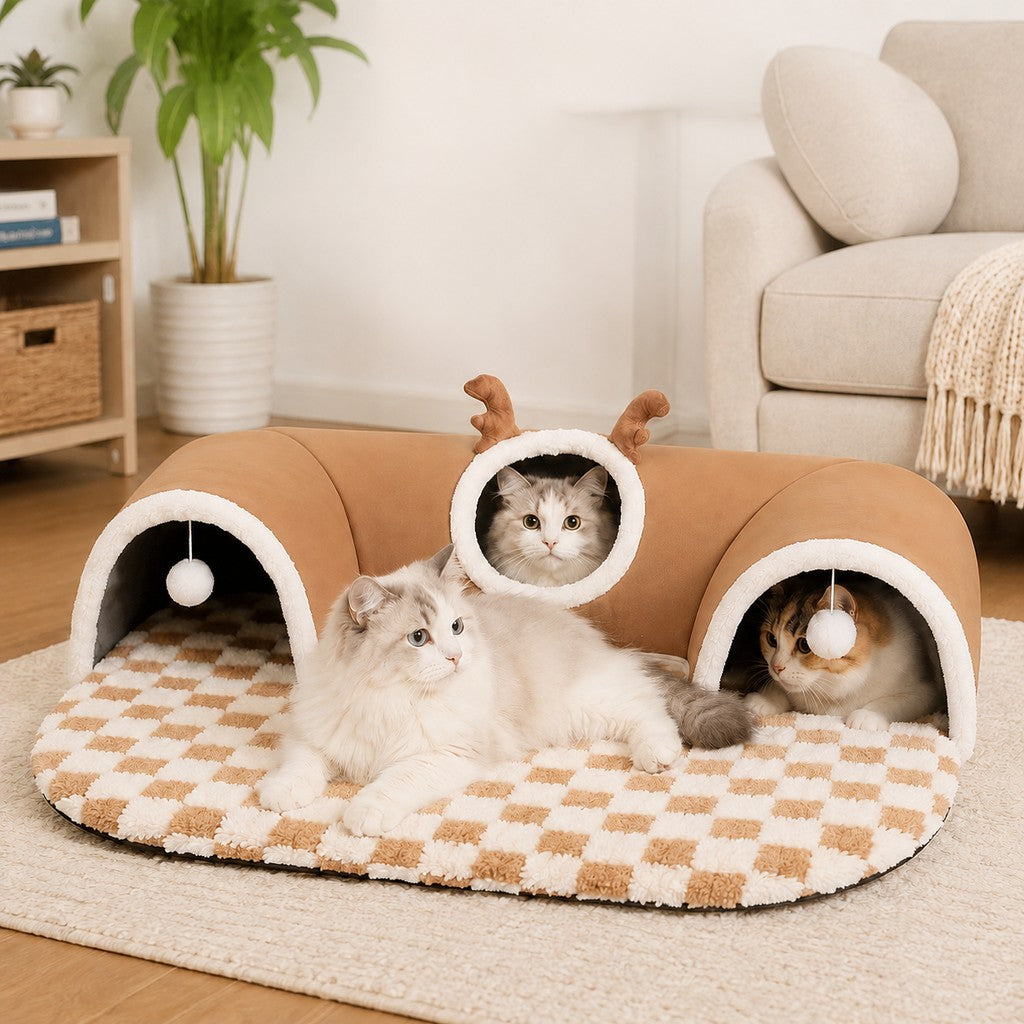 3-in-1 Multi-Cat Tunnel Bed and Play Mat for Indoor Cats