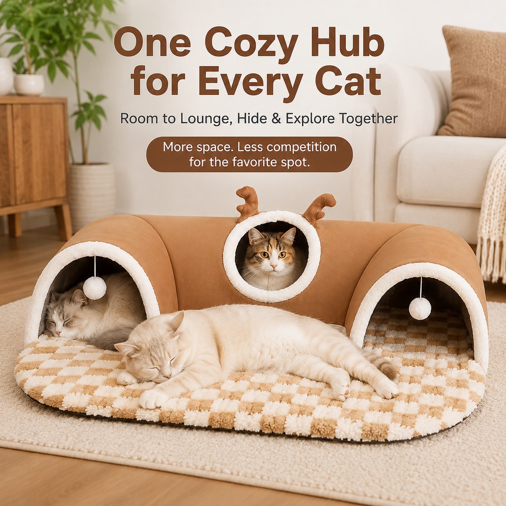 3-in-1 Multi-Cat Tunnel Bed and Play Mat for Indoor Cats