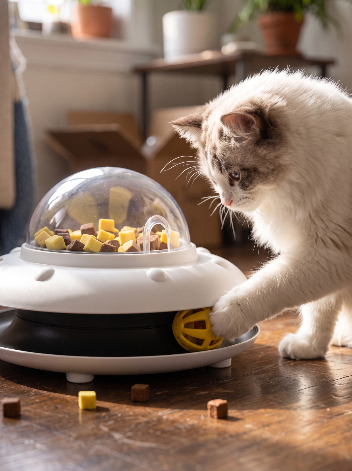 Cat tapping the yellow ball on the treat dispenser toy