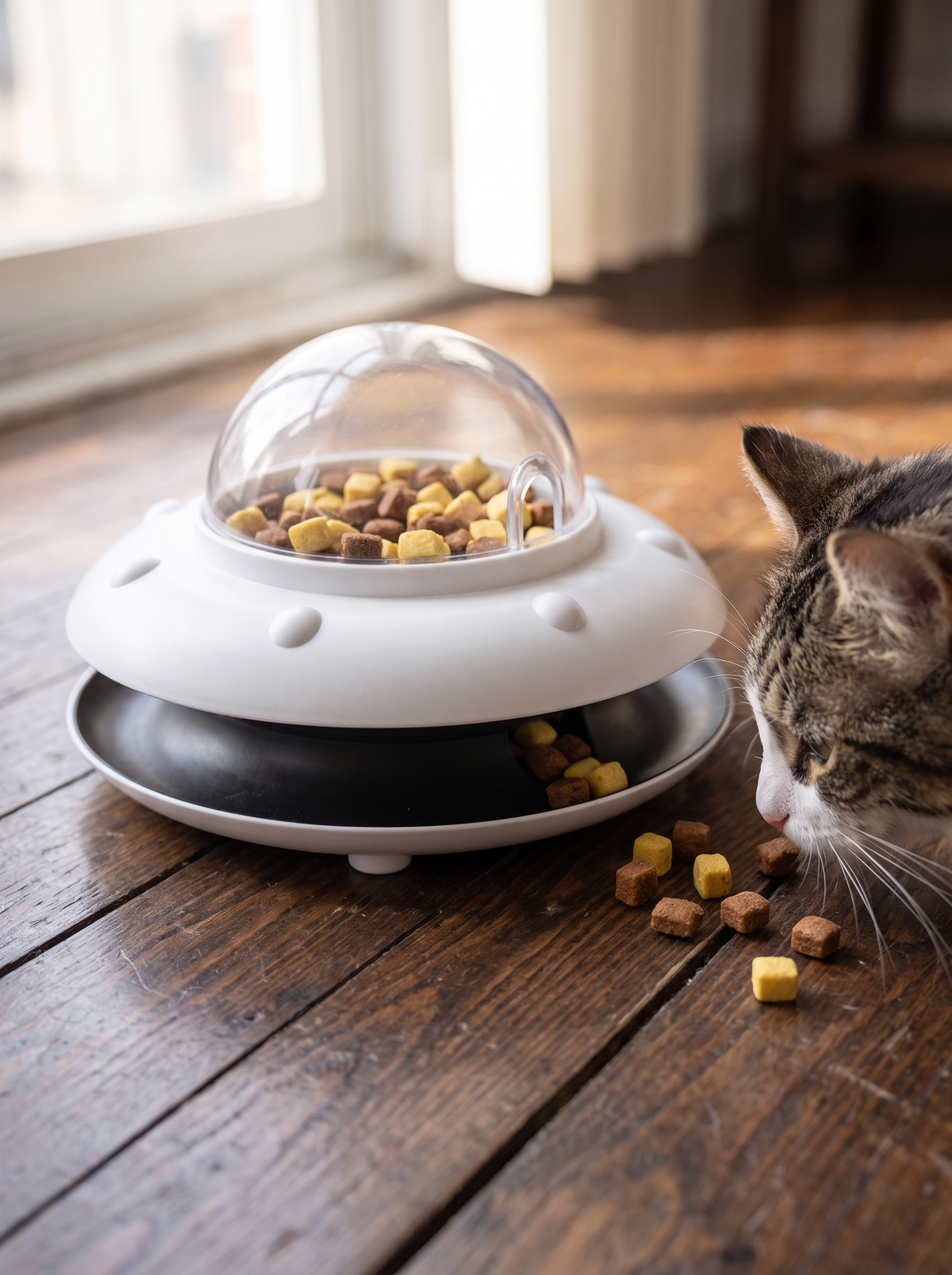 Treats dispensed from the toy with a cat investigating