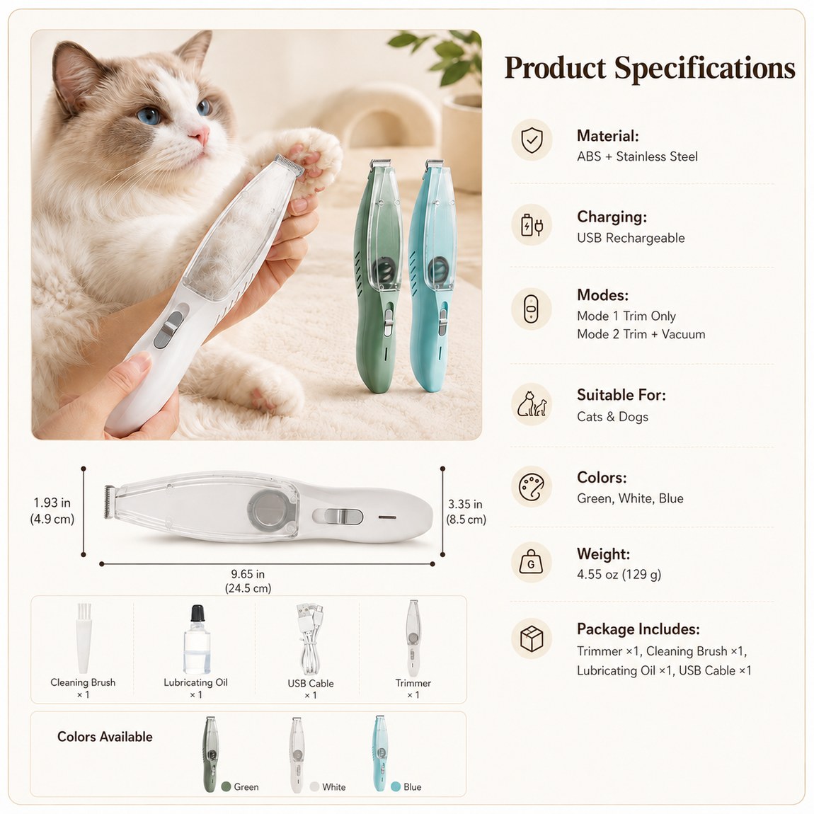 Pet Paw Trimmer with Built-In Vacuum for Cats & Dogs