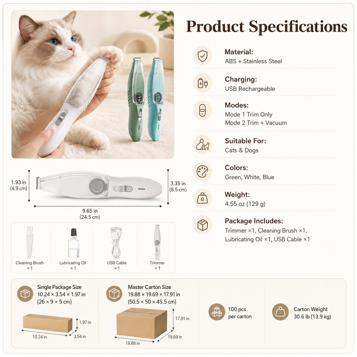 Pet Paw Trimmer with Built-In Vacuum for Cats & Dogs