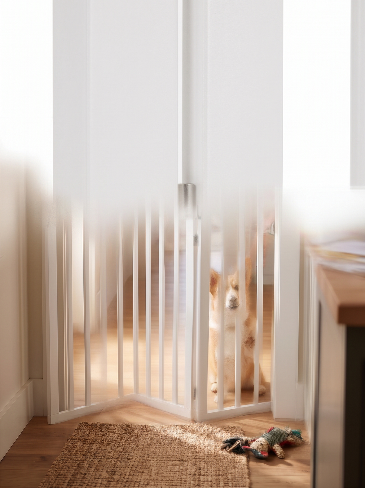 Close up of the MDF panel and steel hinge on the puppy gate