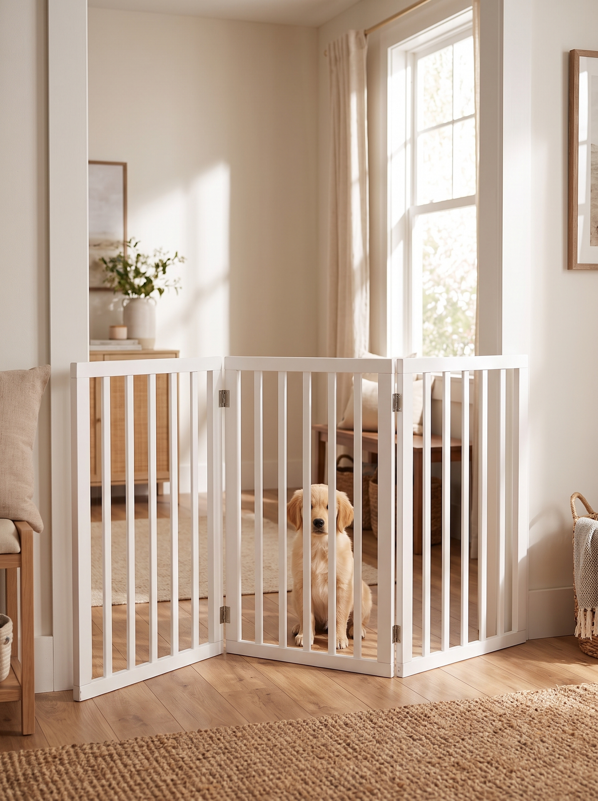 The freestanding gate set up in a zigzag across a doorway with a puppy behind it