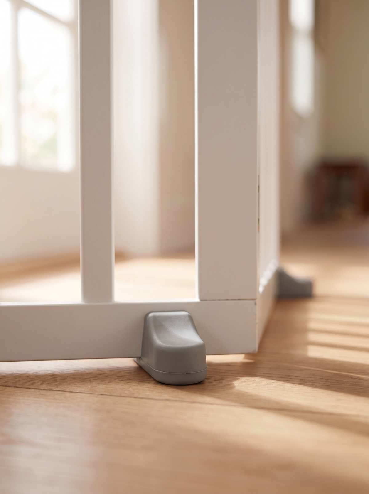 Close up of the rubber foot of the puppy gate on a timber floor