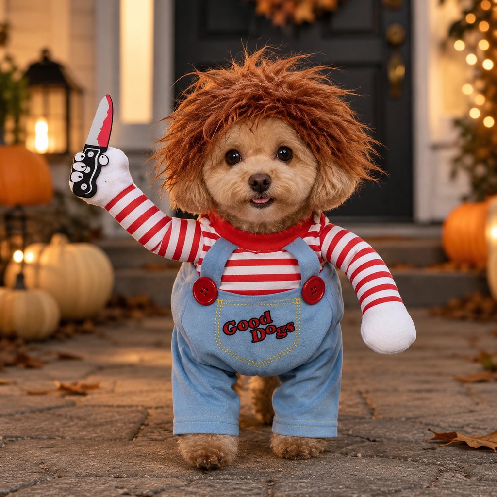 Scary Doll Dog Halloween Costume with Wig & Toy Knife