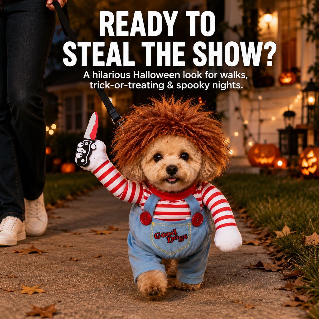 Scary Doll Dog Halloween Costume with Wig & Toy Knife