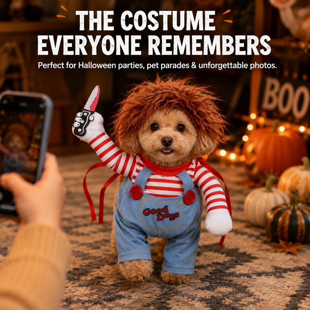 Scary Doll Dog Halloween Costume with Wig & Toy Knife