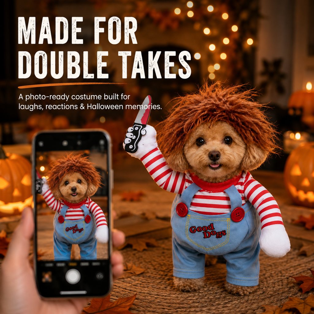 Scary Doll Dog Halloween Costume with Wig & Toy Knife
