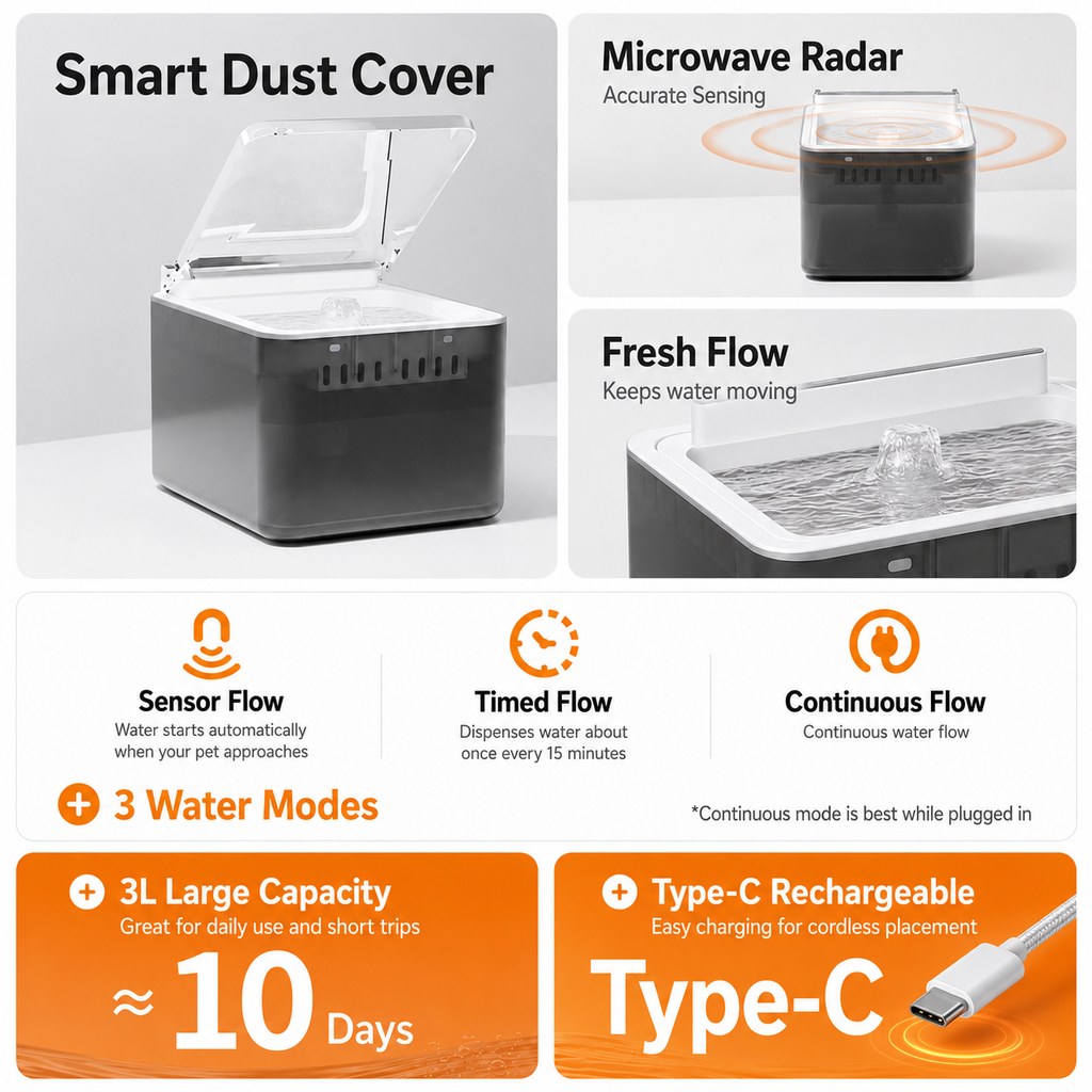 Smart Auto-Lid Cat Water Fountain 3L Cordless