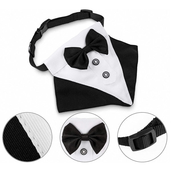 Tuxedo Black & White Dog Bandana for Weddings with Bow Tie