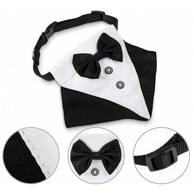 Tuxedo Black & White Dog Bandana for Weddings with Bow Tie