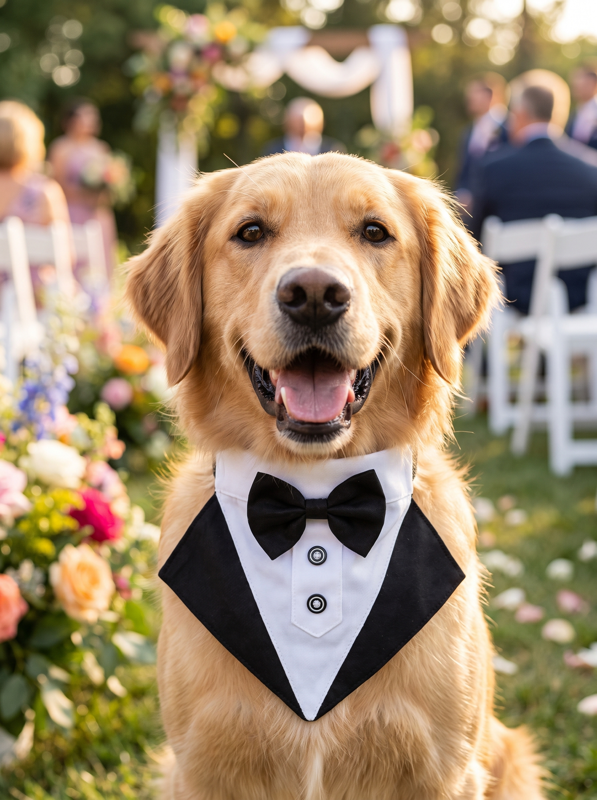 Dog wearing the tuxedo bandana at an outdoor wedding