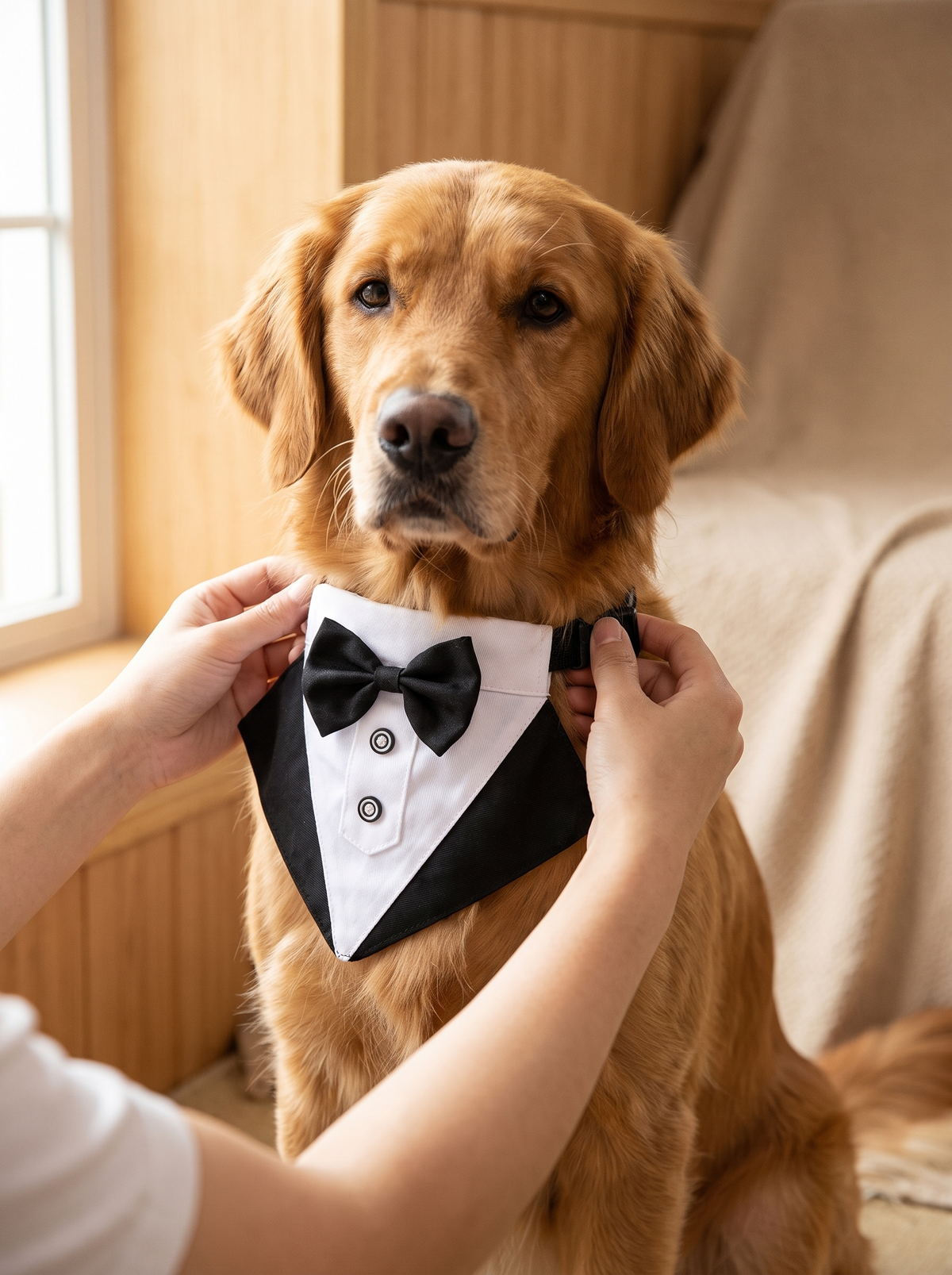 Fastening the tuxedo dog bandana before an event